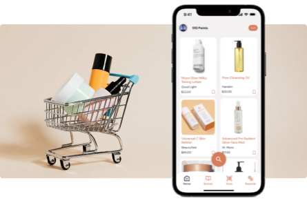 beauty products in a cart with a mobile phone showing an online beauty shop
